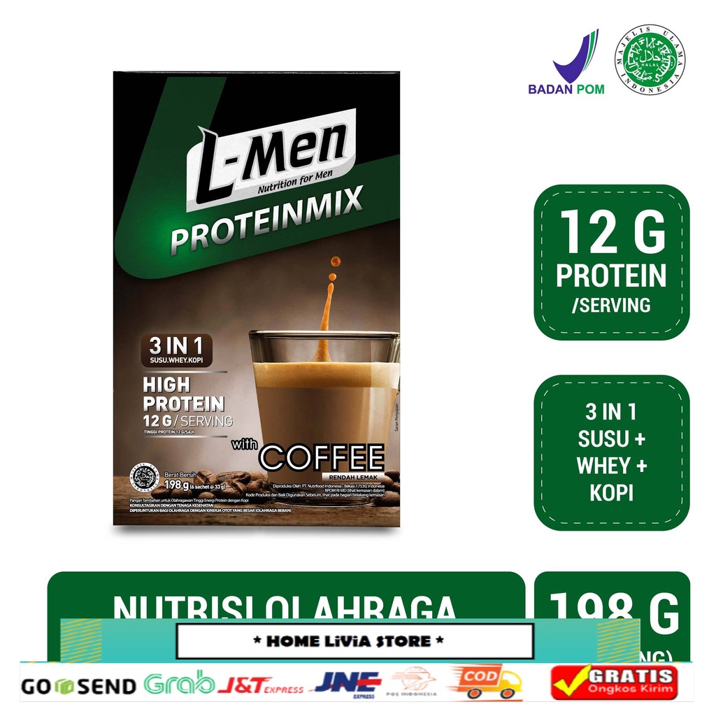 

L-Men Proteinmix Coffee 6 sachet (12g protein) - Suplemen 3 in 1 Tinggi Protein Rendah Lemak