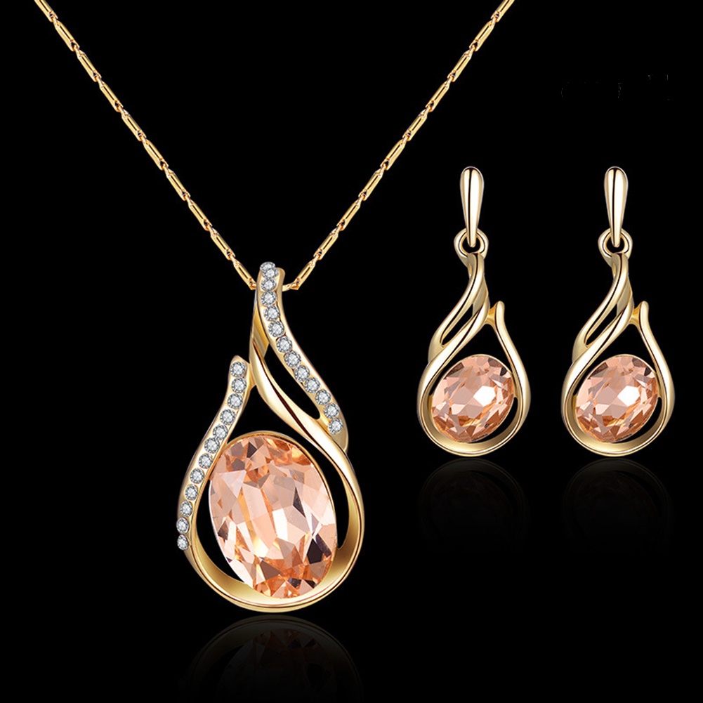OW@ Women Rhinestone Oval Faux Quartz Pendant Ear Stud Earrings Necklace Jewelry Set