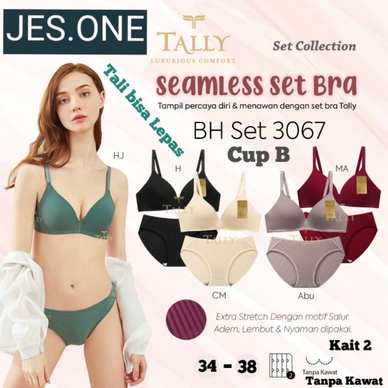 Tally 3067 Bra Set CD Seamless Tanpa Kawat Busa Tipis Cup B Kait 3