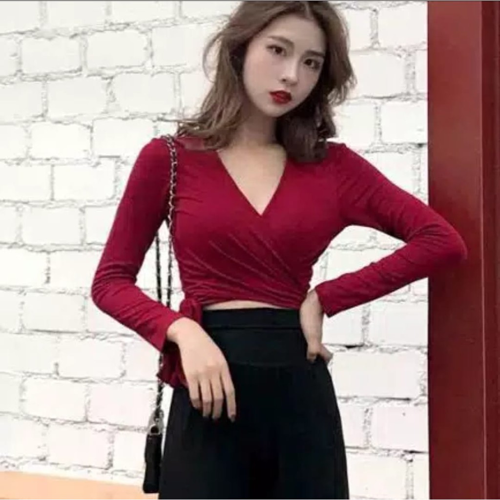 Long Sleeve V-Neck Crop Top T-Shirt Atasan Lengan Panjang 1190 (XS-XL)