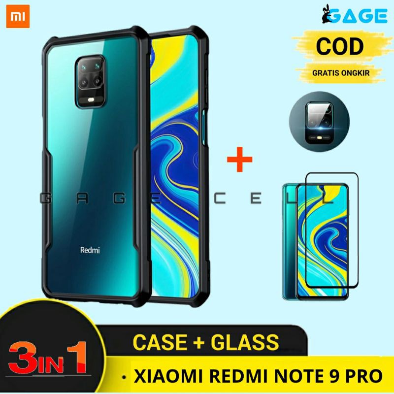 COD-3IN1 Soft Case Armor Bumper Anti Crack Redmi Note 9 Pro TG Anti Gores Full Layar Kamera Premium