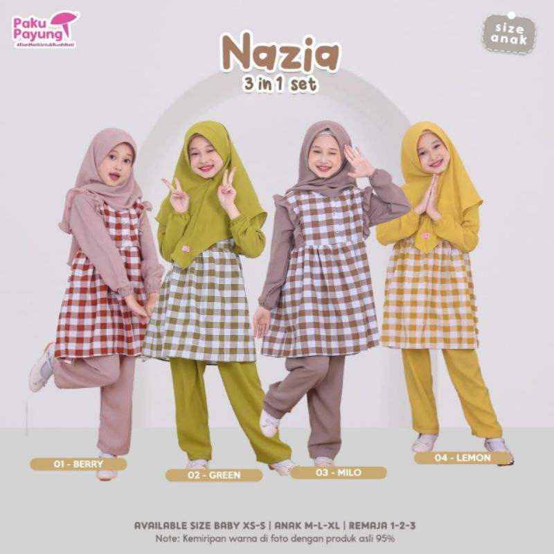 SETELAN BAJU TUNIK CELANA ANAK MUSLIM PEREMPUAN PAKU PAYUNG NAZIA SERIES