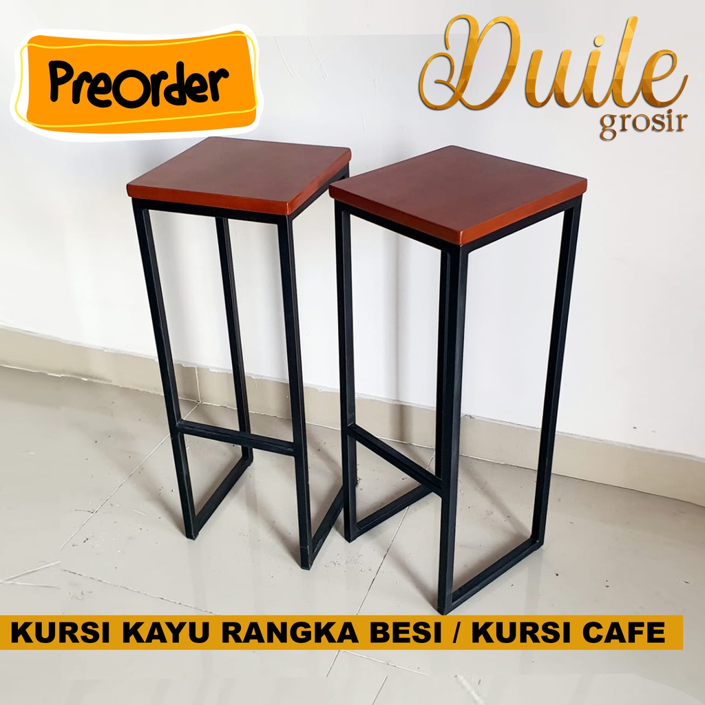 Kursi Bar kayu dengan rangka besi / Kursi Cafe Minimalis