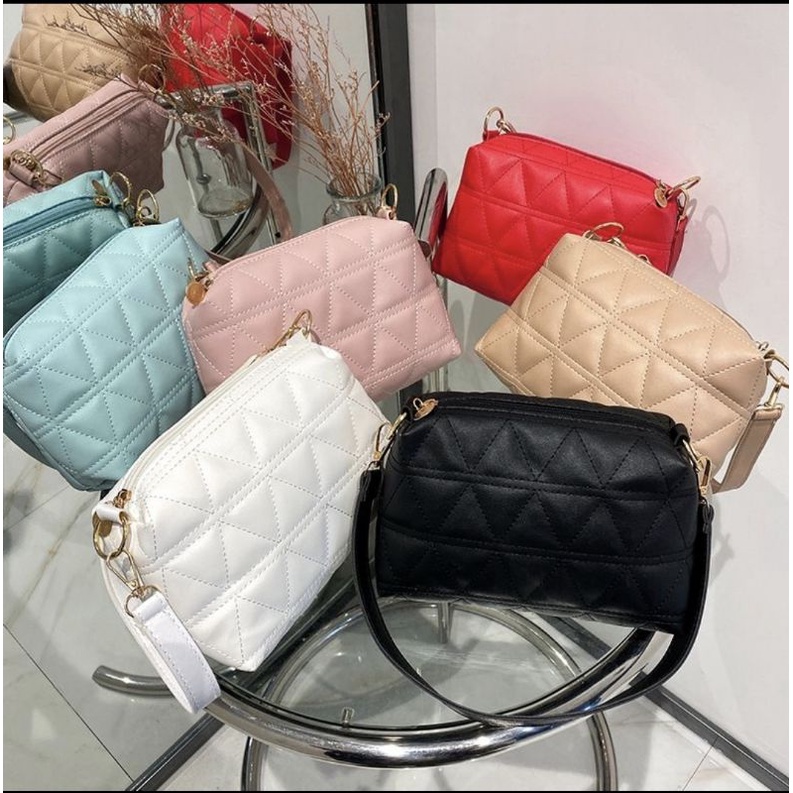 NAOMI - SALE Marceline Sling Bag Kulit Sintetis PU - Tas Harian Simple Daily - Ringan Enteng Lembut Rantai - Tas Fashion Wanita Dewasa Motif Triangle 6 Warna - Tas Selempang simple Impor - Tas Wanita - tas simple ringan - tas rantai - Naomi Bag