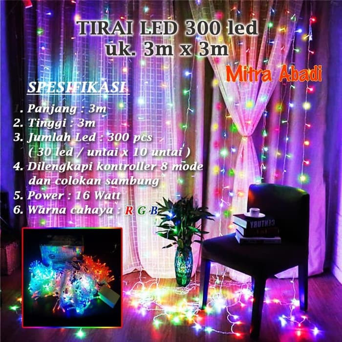 Lampu Natal Tirai LED 300 LED Ukuran 3 m x 3 m