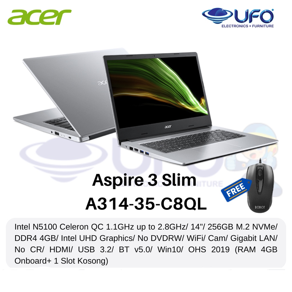 Acer Laptop 14" Aspire 3  Slim A314-35-C8QL Silver Garansi Resmi Win 10 Home