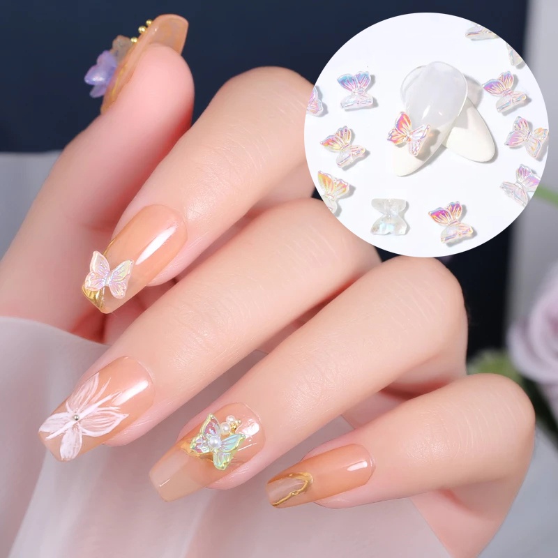 10pcs / set Stiker Kupu-Kupu 3D Aurora Glitter Dua Lapis Warna-Warni Untuk Dekorasi Nail Art