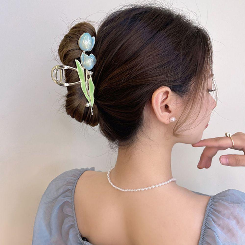 NEEDWAY Wanita Cakar Rambut Hiasan Kepala Vintage Rambut Jepit Tulip Untuk Perempuan Temperamen Ponytail Clip