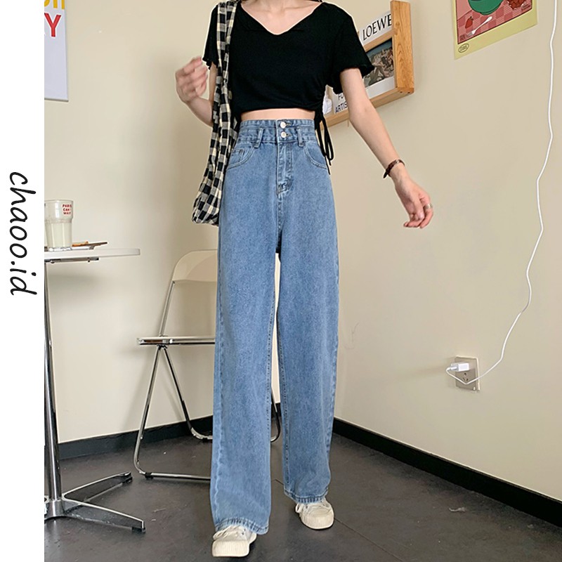 Celana Jeans high waist jeans celana panjang straight pants loose celana jeans wanita Korean Style Straight