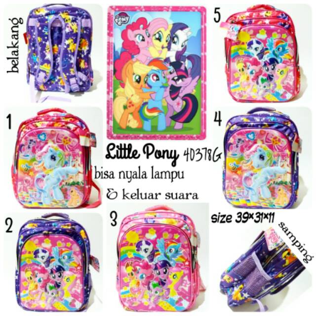 Tas anak cewek berkaraktet kartun Little Pony 40378G tas lampu bisa keluar musik