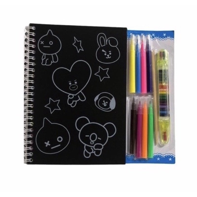 STATIONERY DRAWING BOOK SCRATCH PAINTING BUKU SKETSA MEWARNAI BTS / COLORING BOOK SET BTS - STATIONERY CRAYONS MARKERS BT21