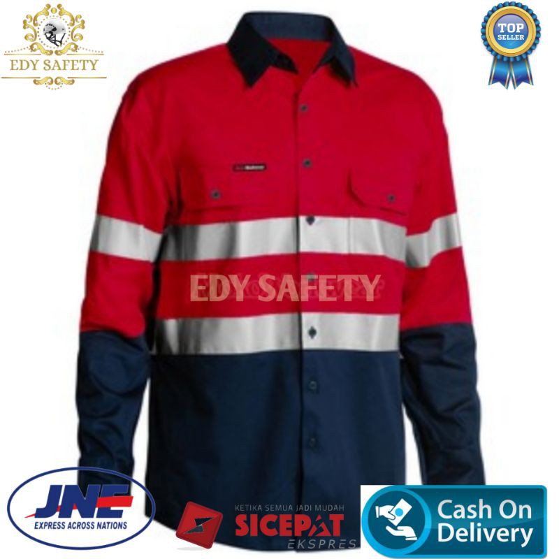 seragam kerja safety lengan panjang, kombinasi merah Dongker