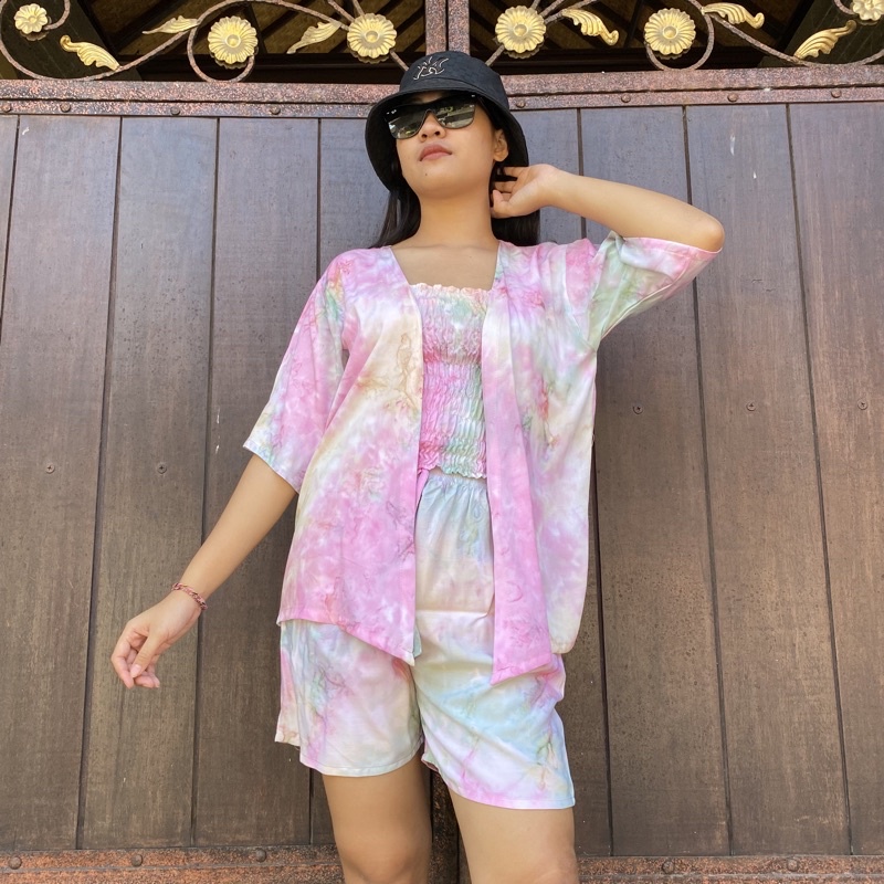 Set Tie Dye Kemben Outer Celana pendek Rayon 3 in one