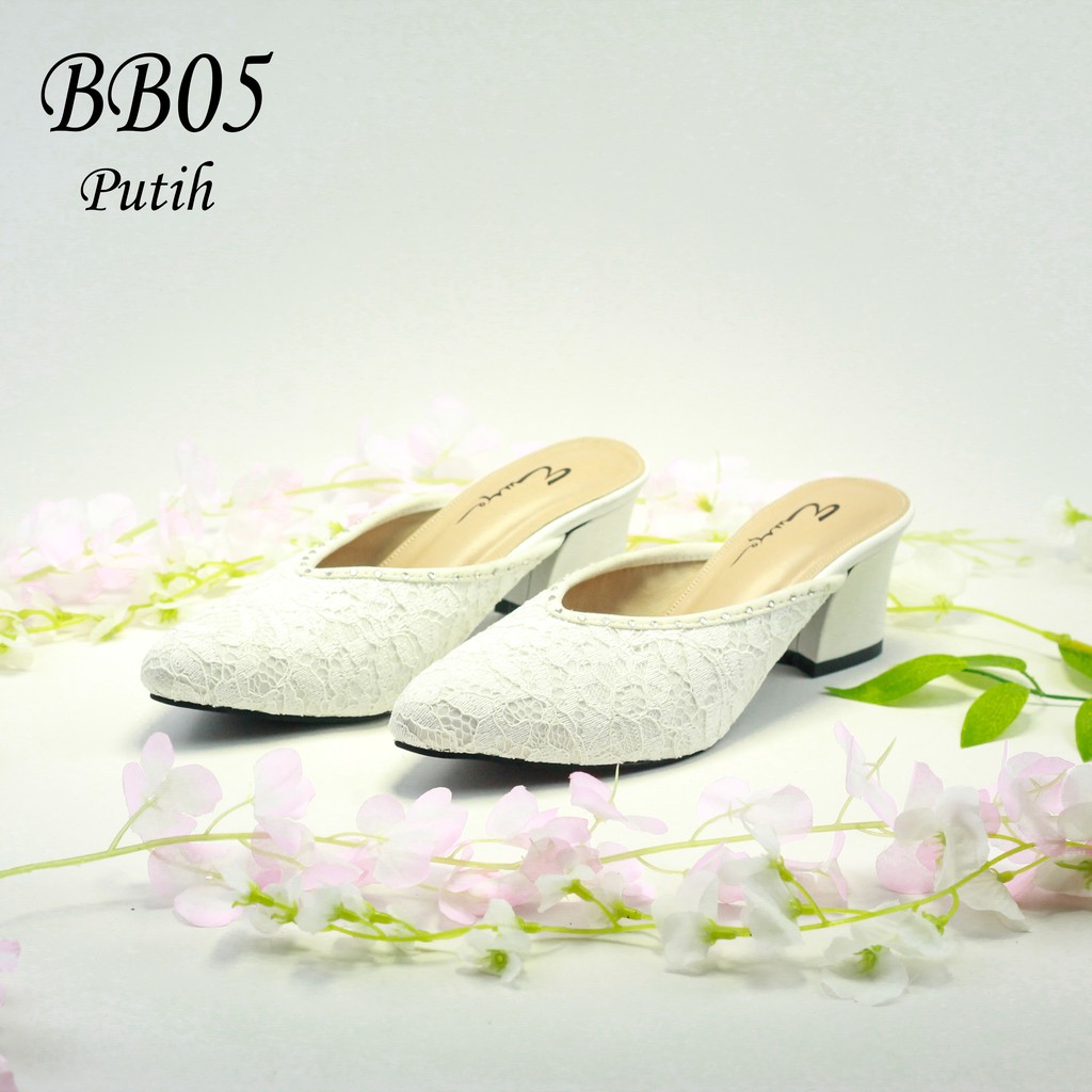 EMYE BB05 - Sepatu Sandal Heels Wedding Shoes Pesta Pengantin Brukat Glitter Original Payet Permata Wanita Terbaru Murah Mewah Kekinian 2021 Selop Slop bruklat Mutiara Pengantin Wanita Kekinian Murah Mewah Kekinian 2021