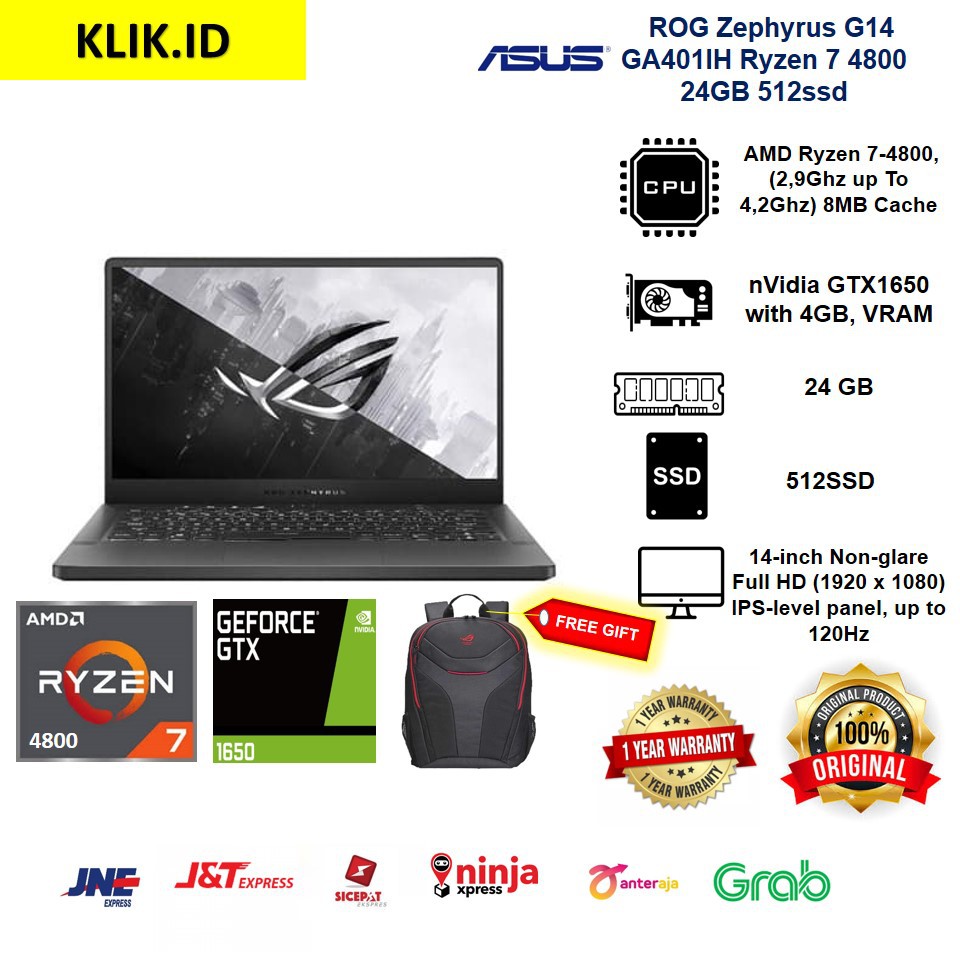 Asus ROG Zephyrus G14 GA401IH Ryzen 7 4800 24GB 512ssd GTX1650 4GB W10 14.0FHD