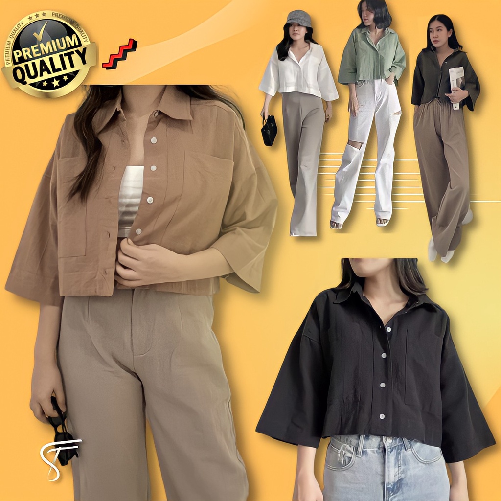 Outer Baju Atasan Kemeja Hijab Crop Krop Top Polos Oversize Pocket Korean Stlyle Wanita Lengan Panja