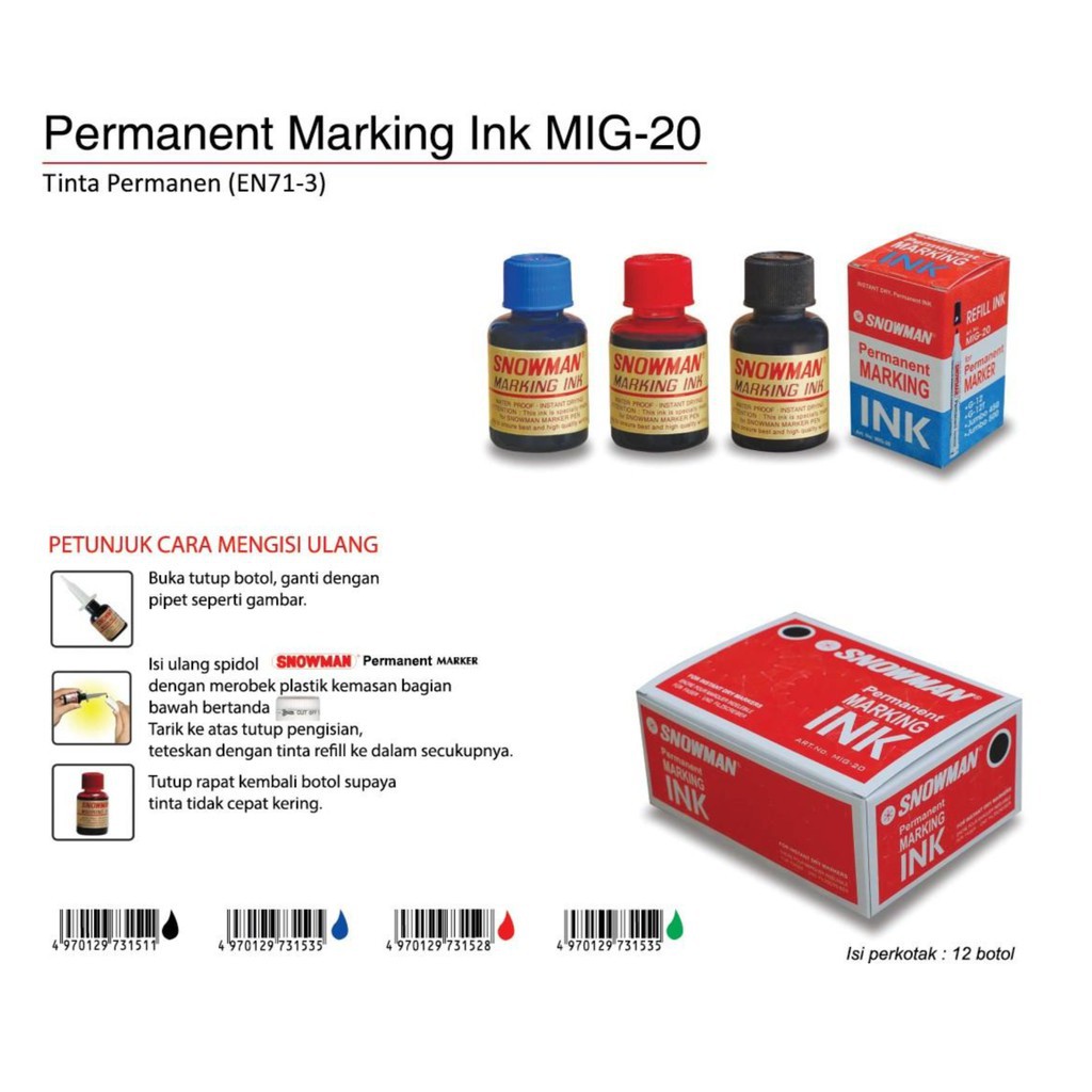 

Snowman permanent marking ink MIG-20 / Refill Ink Spidol Permanent