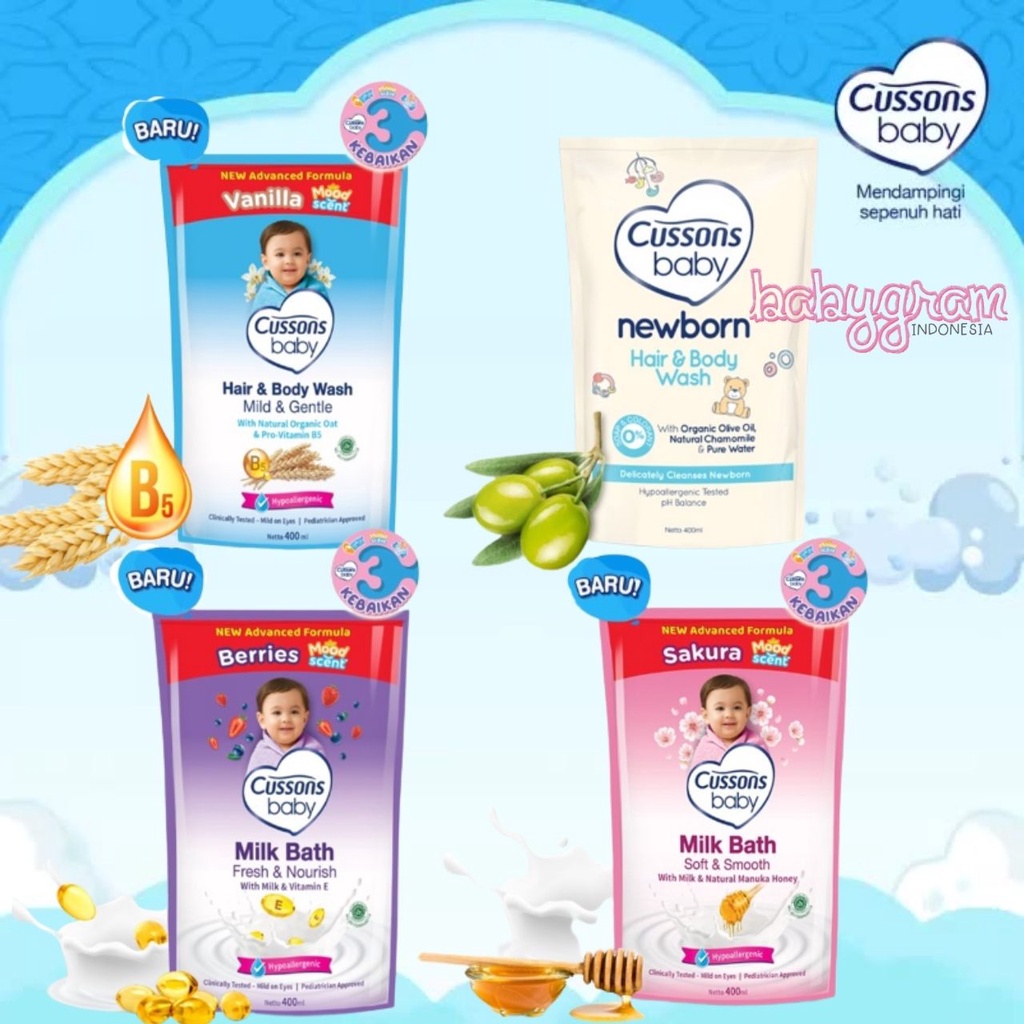 Cussons Baby Milk Bath 400 ml/ Hair and Body Wash / Newborn Wash 400ml Pouch Refill Doy