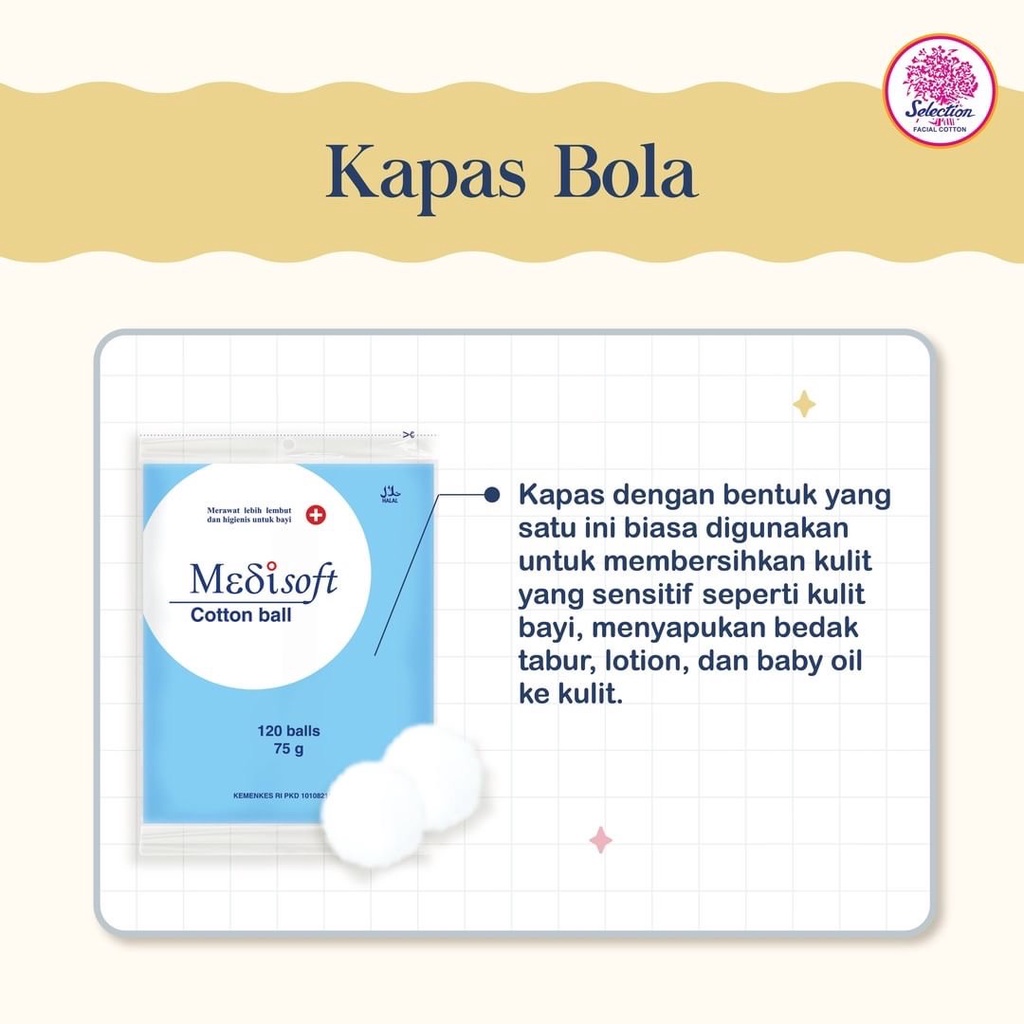 MEDISOFT Cotton Ball Indonesia / Kapas Wajah Bola Hijau Biru 75g 120g 120 Balls / Kecantikan Special Lapis Tipis Tebal Oval Round Bulat Kotak Bud Buds / Selection Modis Rona Kharisma / Pembersih Wajah Facial Cleanser Toner Baby / Ziplock Box Refill Paket