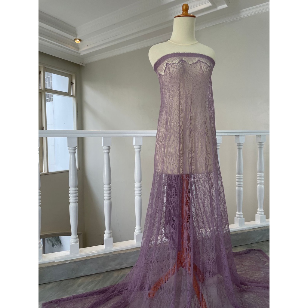 Bahan Kain Brokat Brukat Panel Chantily Lace Semi Prancis France Warna Ungu Dusty Purple