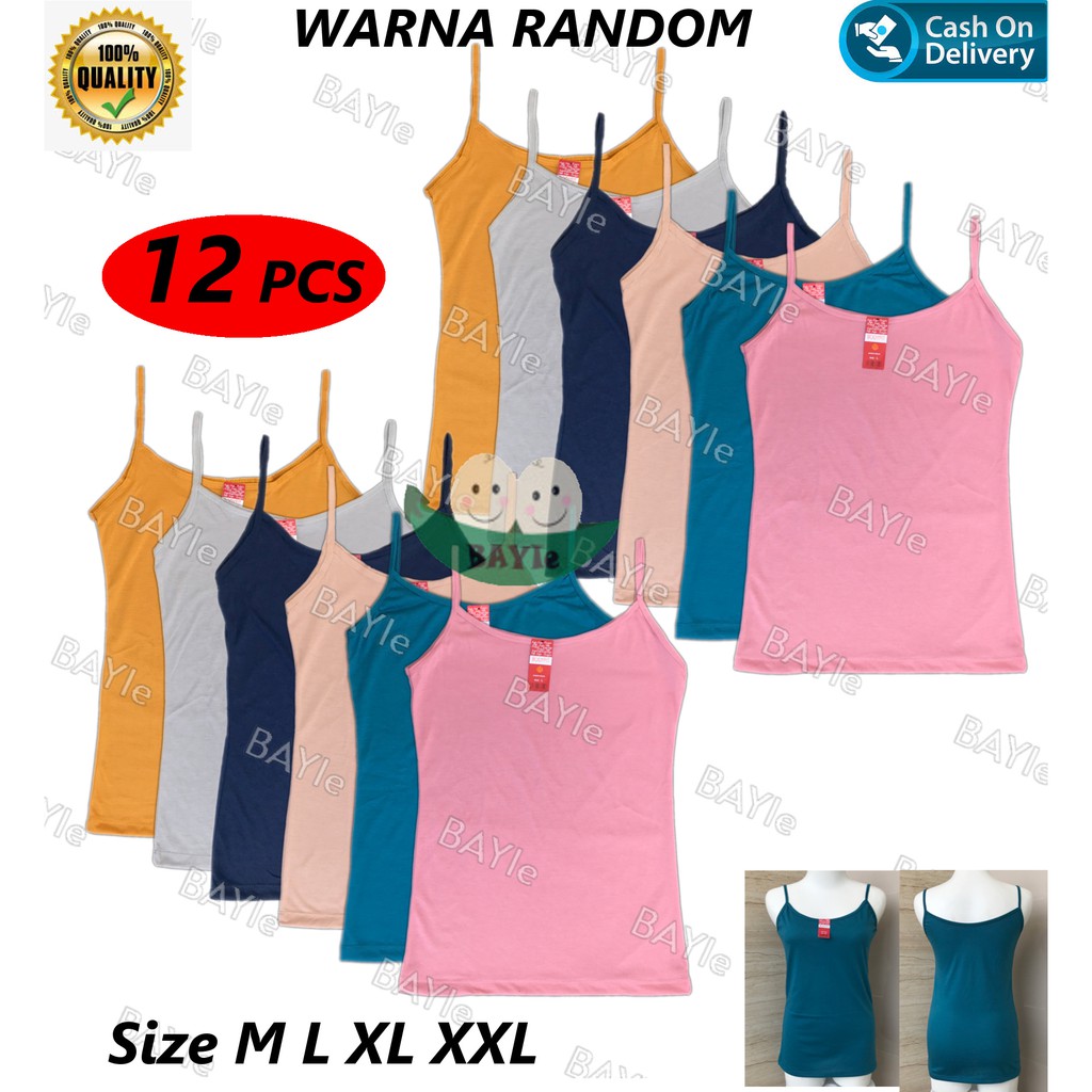 BAYIe - 12 PCS Singlet / Tanktop / Kaos Dalam Wanita Remaja Tali Kecil BODYFIT Bahan Katun Warna RANDOM Size M L XL XXL