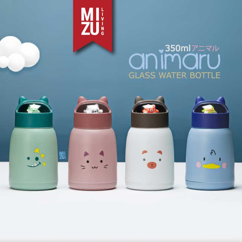 MIZU ANIMARU Glass Water Bottle Botol Air Minum Kaca BPA-Free Tumbler Kelinci Anak