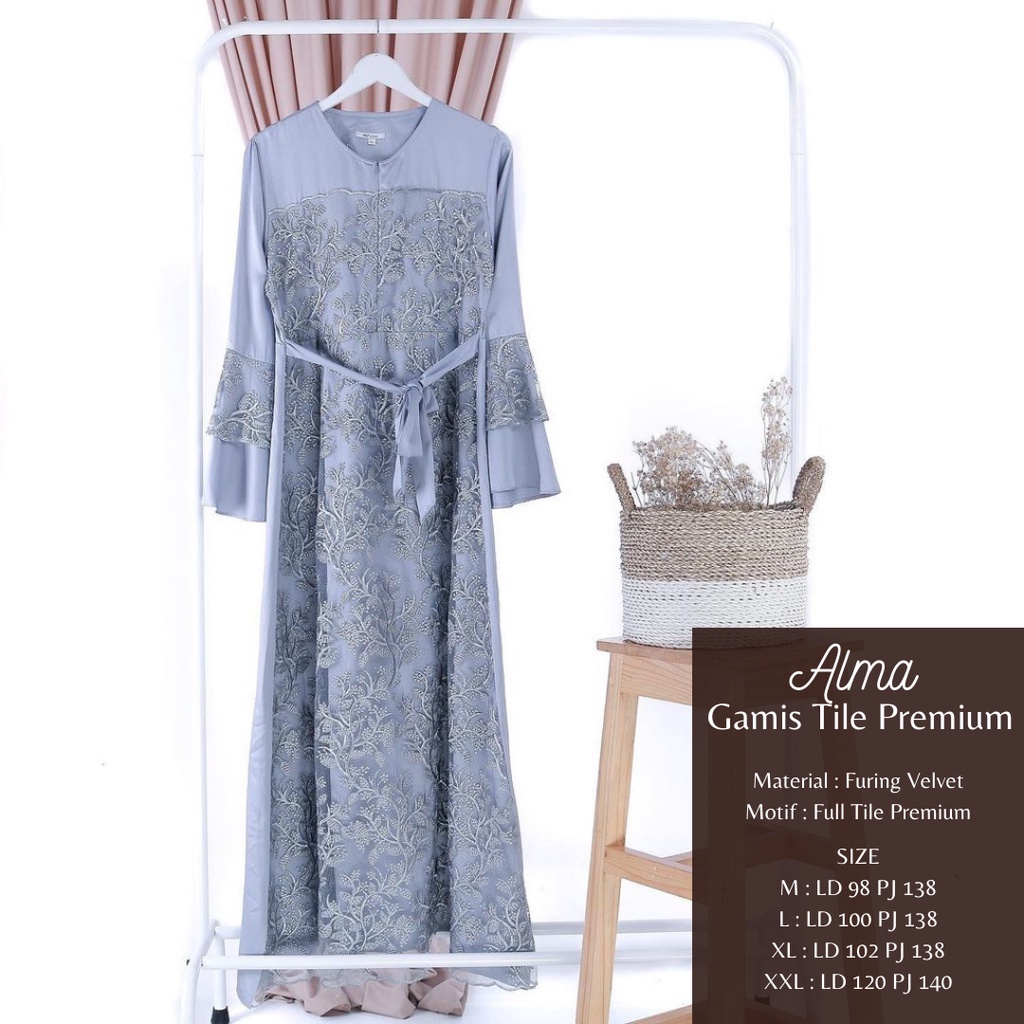 Gamis Alma Full brukat halus aksen mutiara dan tile di dada+Motif lonceng tangan Gamis Brukat Arsya 