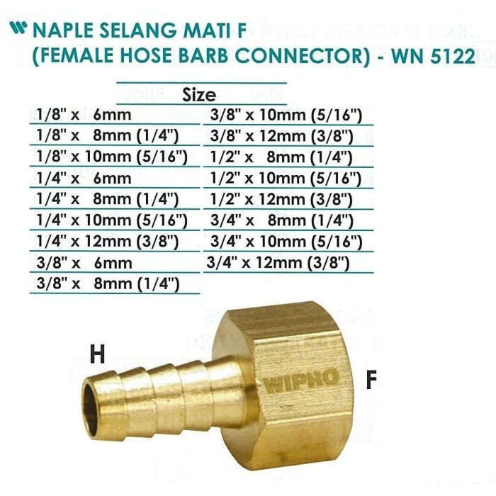 FEMALE HOSE BARB WN5122 1/2 X 12 WIPRO