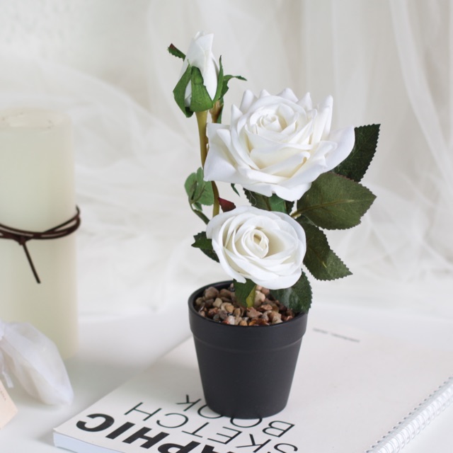 AM502 Bunga Plastik Motif Rose Keranjang Hitam / Bunga Plastik Artificial-4