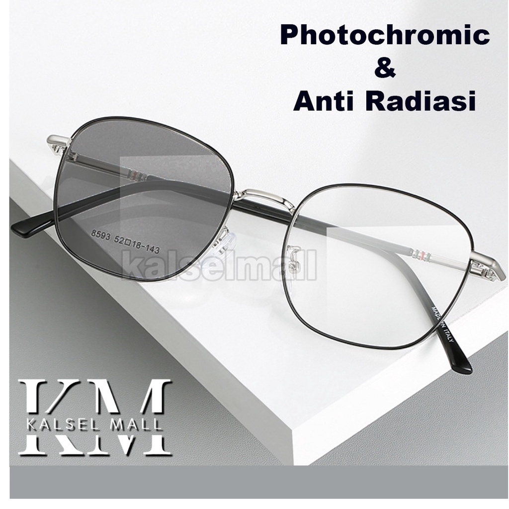 Kacamata Lensa Photocromik + Anti Radiasi Frame Kotak New Retro Vintage Kaca Mata Baca Korea Wanita Pria Cowo Cewe Perempuan Fashion Berubah Warna Hitam Photocromic AntiRadiasi Potokromik Photochromic Pria Blueray Photochromic Foto Kromik Polarised FTK2