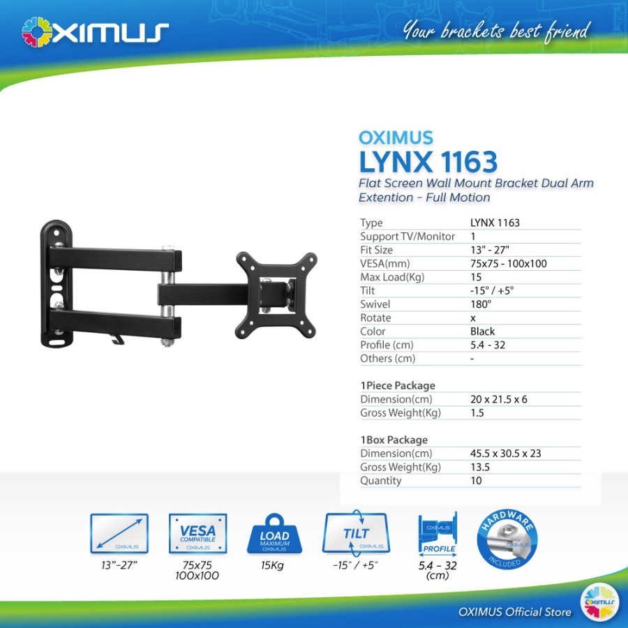 Bracket LCD LED TV Monitor Oximus Lynx 1163 13&quot; - 27&quot; Wall Mount Tilt