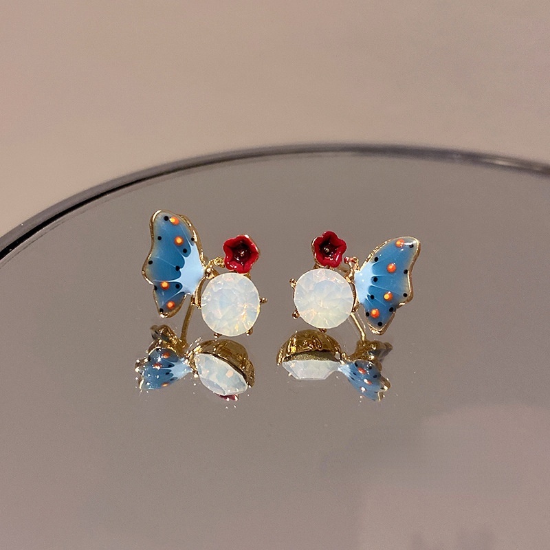 Vintage Dicat Bunga Merah Biru Kupu-Kupu Anting-Anting Wanita Korea sparkle Berlian Aksesoris Telinga