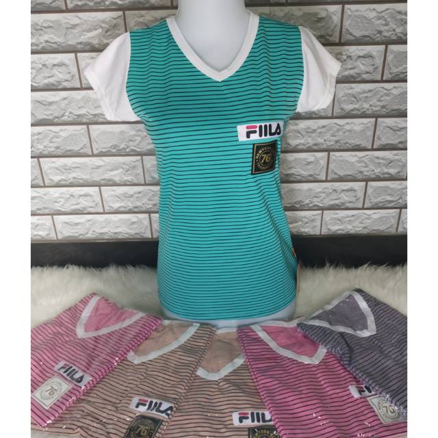 Kaos salur wanita - atasan wanita - kaos fila v neck