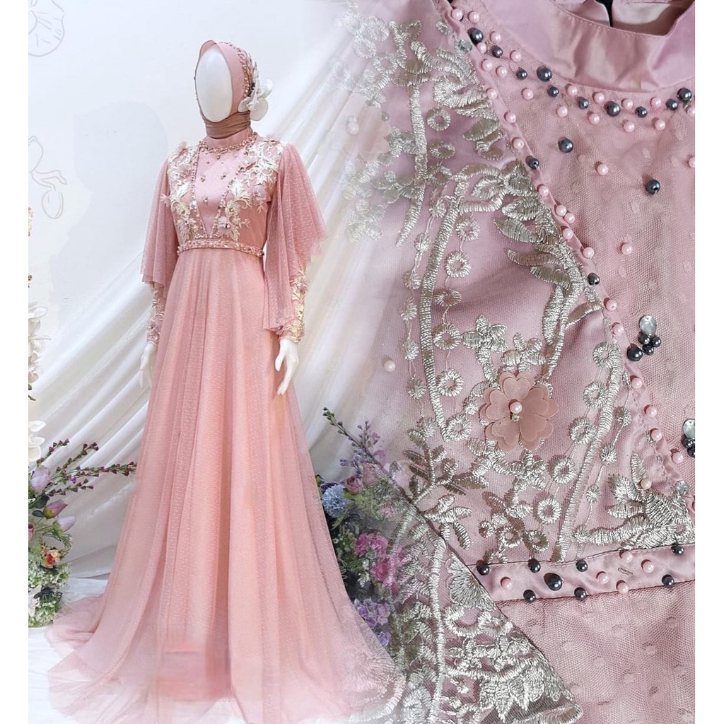 DEWI SEKARTAJI GAUN pesta pengantin syar'i mewah tulle bordir dan tulle dot / baju kondangan / prewedding / lamaran / wisuda / wedding bisa dipesan couple / tersedia ukuran kecil hingga jumbo