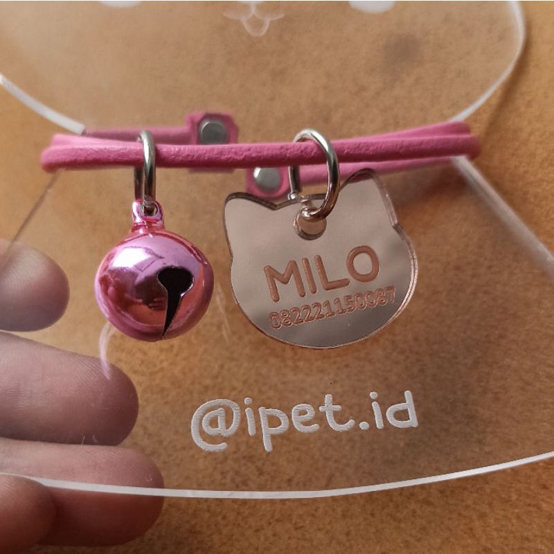 iPet KALUNG KUCING KULIT ASLI CUSTOM NAMA TAG AKRILIK LONCENG ROSE GOLD