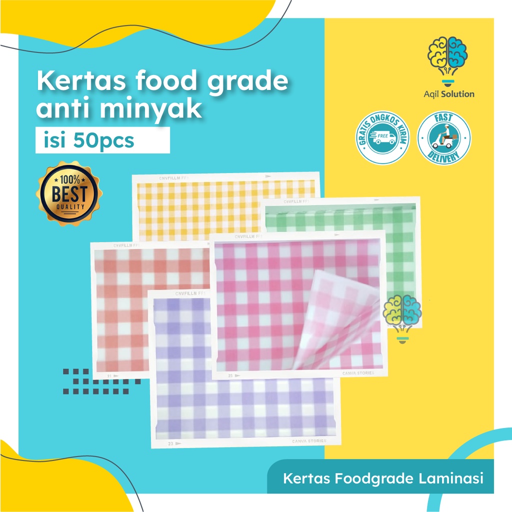 (22x27cm= 50pcs) Kertas Foodgrade Laminasi/ Kertas nasi/ Kertas Roti/ Kertas makanan /Alas Bekel Viral / Bungkus roti, Burger, Kebab, Crepes, Sushi, Tacos bento cake, dll