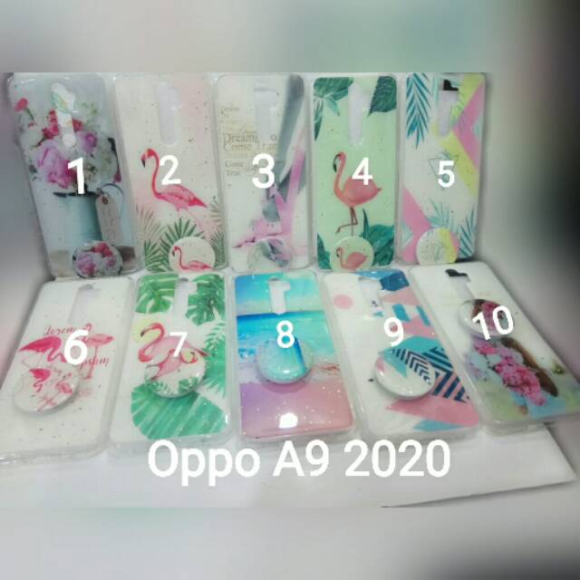Case glitter flamingo + pop socket Oppo A9 2020