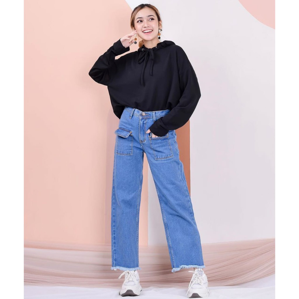 HOPYLOVY Celana Boyfriend Kulot Jeans Wanita Kantong Depan Shira