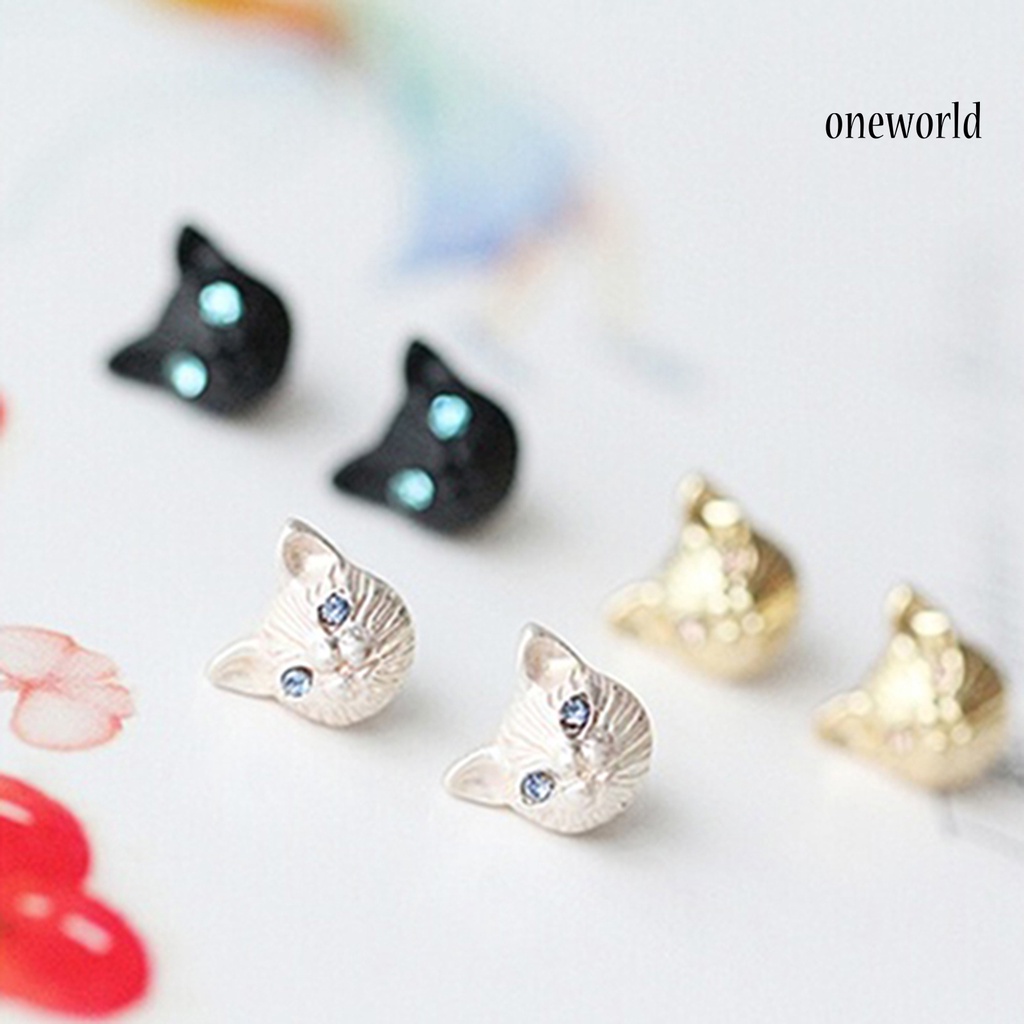 OW@ 1 Pair Women Cute Cats Head Rhinestones Inlaid Ear Studs Earrings for Party Club