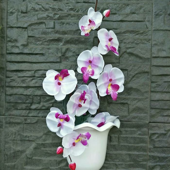 TERBARU SET BUNGA PLASTIK ANGGREK DENGAN POT DINDING PLASTIK