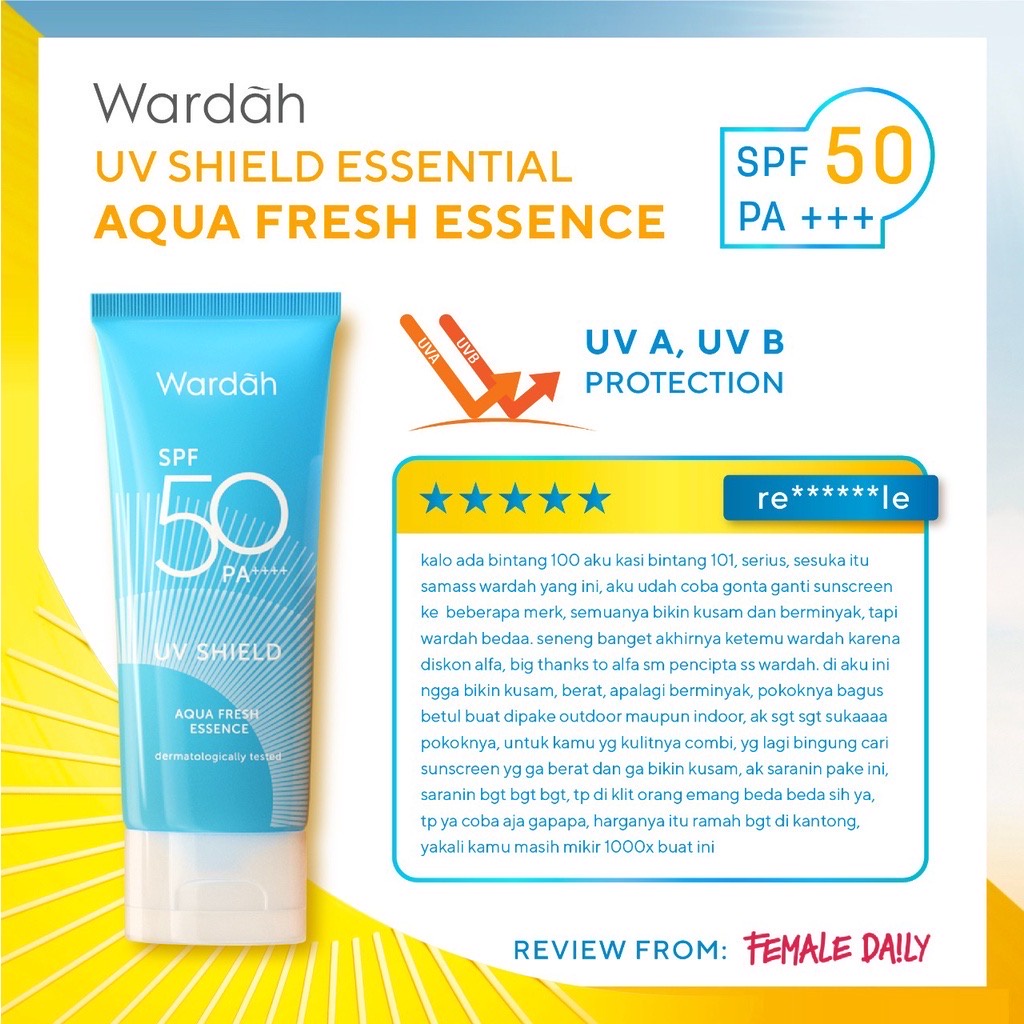 WARDAH UV Shield Aqua Fresh Essence SPF 50 PA++++ Indonesia / Sunblock Wajah 30ml / Hydrating Sun Care Sunscreen Tabir Surya UVA UVB Blue Light Protection Protector Protect Pelindung Sinar Matahari Kulit Tubuh / Gel Serum Stick Cream Lotion Skincare Face