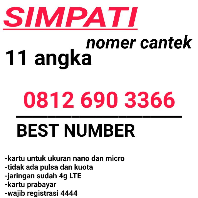 KARTU PERDANA NOMOR CANTIK SIMPATI 11 angka TELKOMSEL 4G 690 3366