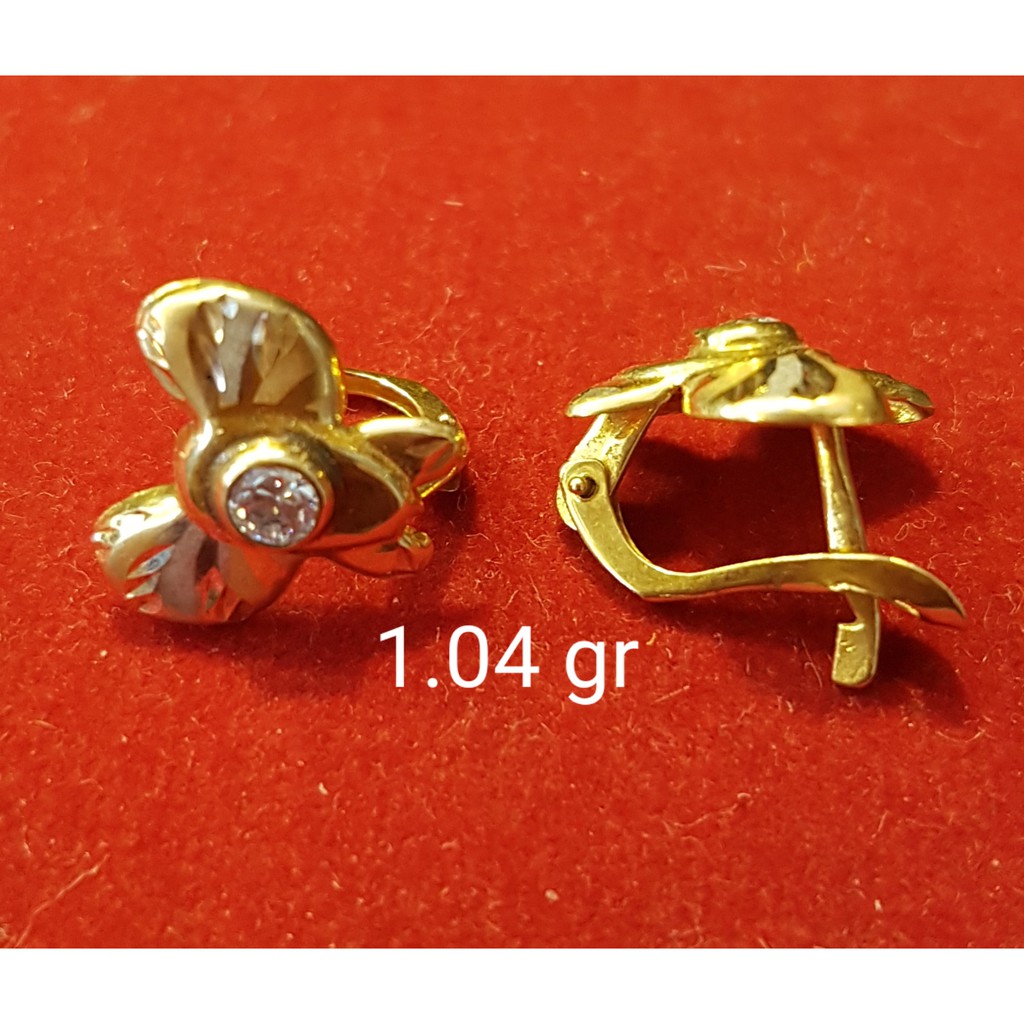 anting jepit anak dan dewasa emas asli pita bunga 2 warna dimensi kadar 700 70% 16k 22 gold cetek klip permata pink