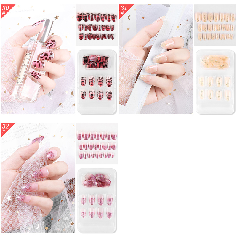 F018 ~ F032 24pcs / Kotak Kuku Palsu Full Cover Panjang Untuk Nail Art