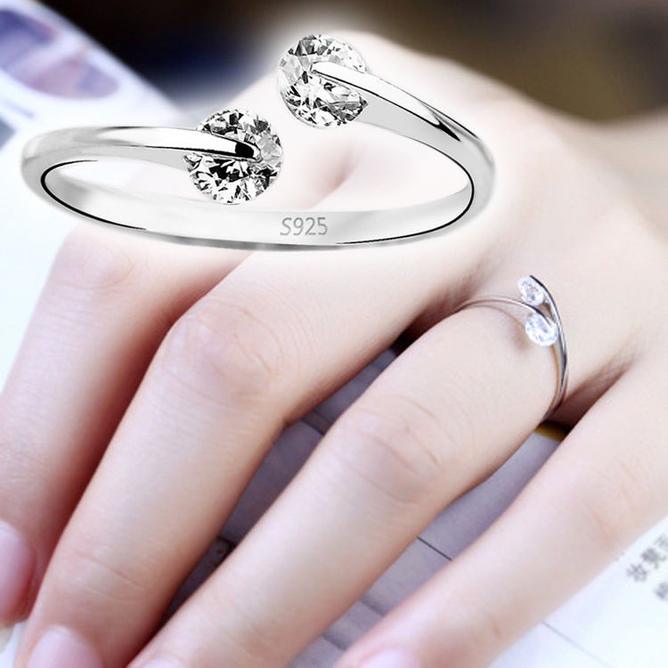 Cincin Silver Sterling 925 Simple Elegan dengan Kristal + Berlian Imitasi untuk Wanita