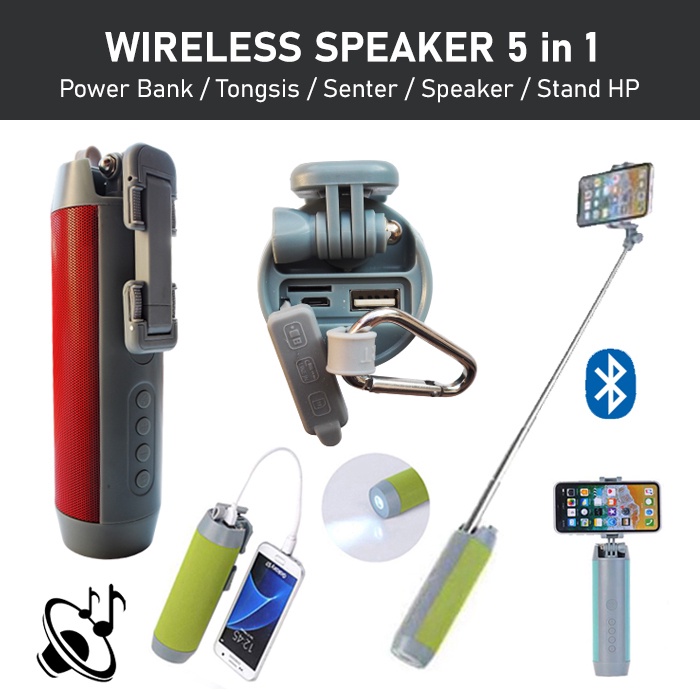 Tongsis 5 in 1 With Speaker Bluetooth / Power Bank / Senter