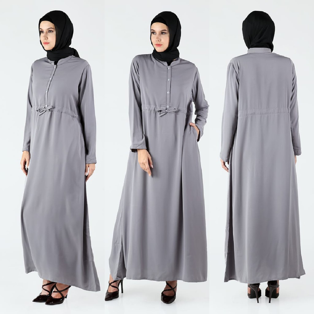 Dress Panjang Gamis Katun Wolfis Adem Safwana Grey Abu Polos Bertali Serut Simpel