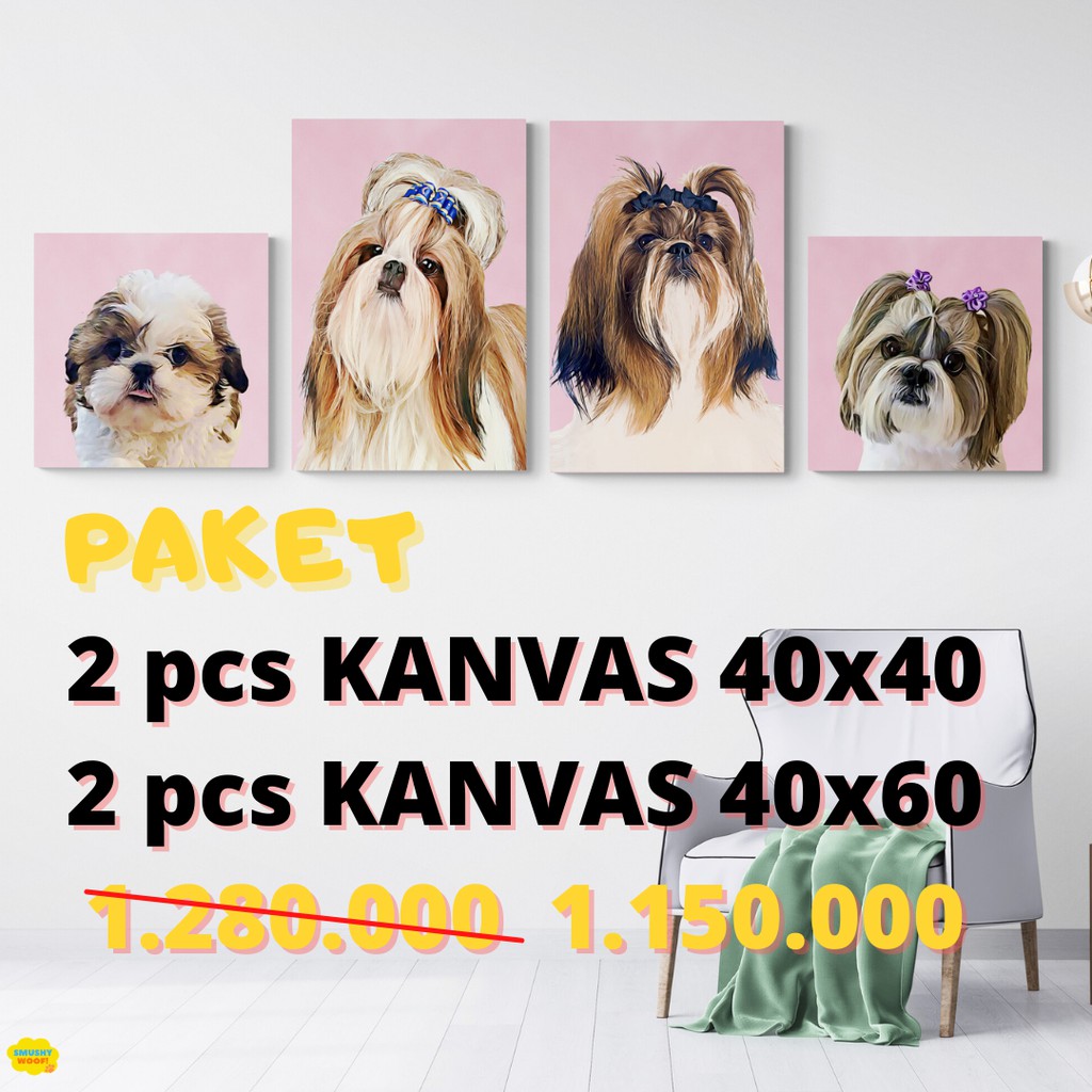 

Paket 2 pcs kanvas 40x40 & 2 pcs kanvas 40x60 Kanvas Pop Art Anjing Kucing Kanvas Hewan Dekorasi