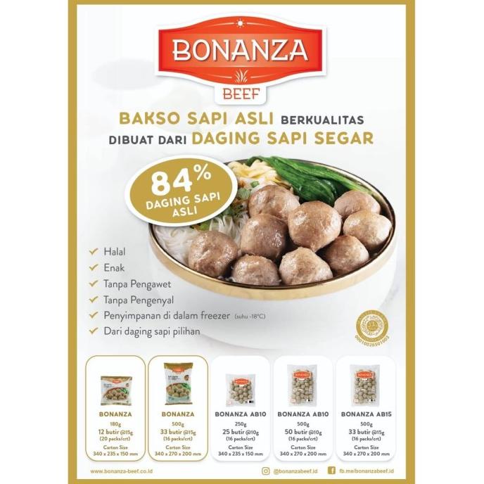 

MAKANAN BEKU / BONANZA BAKSO SAPI AB10 500GR (ISI 50 BUTIR) NON COD