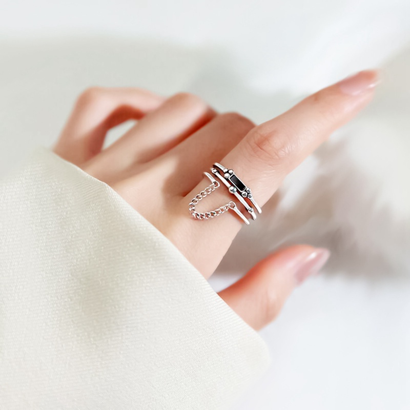 Fancyqube Cincin Rantai Multilayer Bentuk Persegi Panjang Warna Hitam Bahan Sterling Silver 925 Untuk Wanita